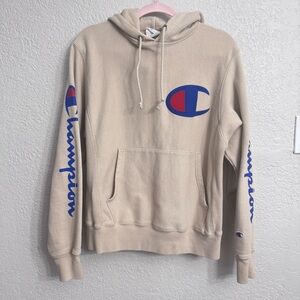 Champion Reverse Weave Beige Hoodie Small – Big C Logo, Script Sleeve
